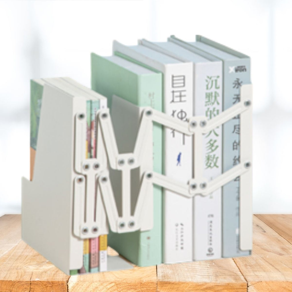 Soporte de Libros Ajustable de ABS -| DELI|  Estante Retráctil Creativo Blanco con Clip y Soporte, Ideal para Estudiantes, Material Duradero, Capacidad para Múltiples Libros, Accesorio de Lectura|Soporte de Libros Moderno|Acabado Blanco Elegante, Decoraciones para Estantes