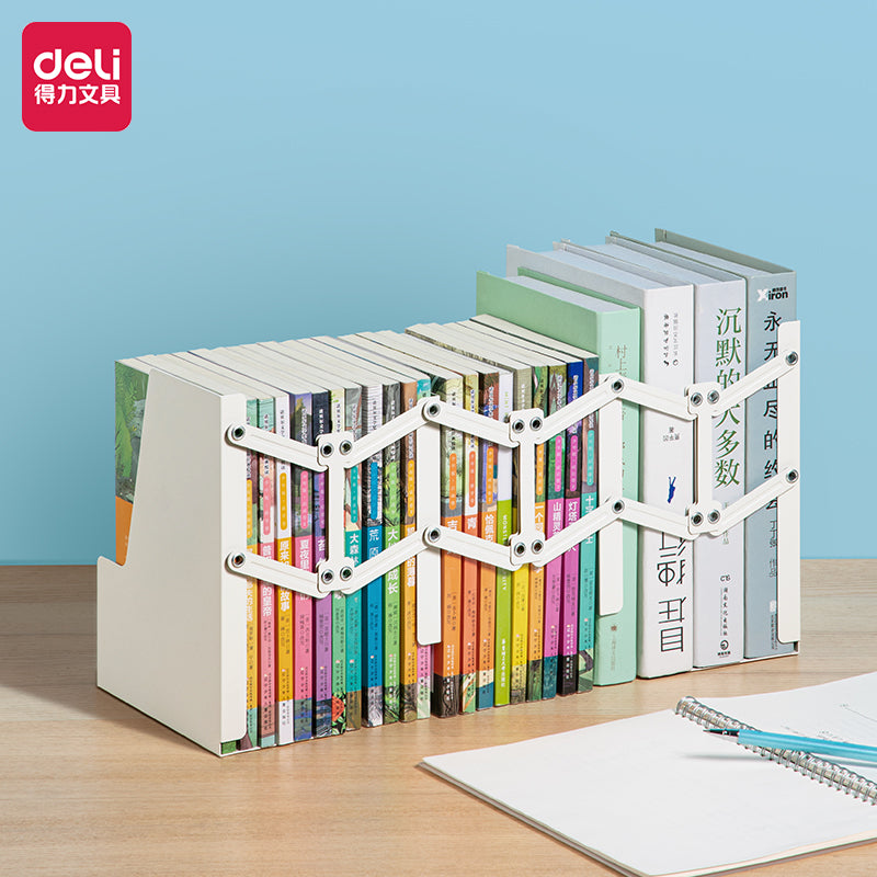 Soporte de Libros Ajustable de ABS -| DELI|  Estante Retráctil Creativo Blanco con Clip y Soporte, Ideal para Estudiantes, Material Duradero, Capacidad para Múltiples Libros, Accesorio de Lectura|Soporte de Libros Moderno|Acabado Blanco Elegante, Decoraciones para Estantes