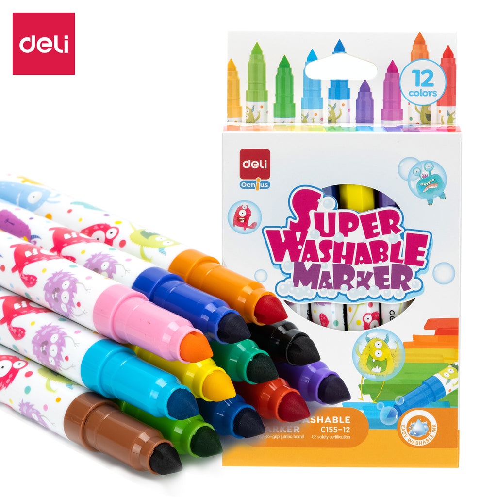 Set de 12 plumones lavables Punto Grueso | DELI| Plumones de colores solubles en agua HB de 0.5mm para colorear, dibujar, sombrear, mezclar y superponer en libros.
Lavables| Punta Gruesa